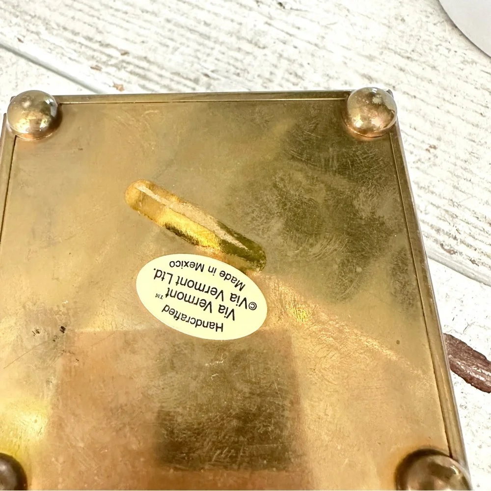 3/$22🩶 Vintage Angels Via Vermont Glass Brass Trinket Jewelry Box Mirror